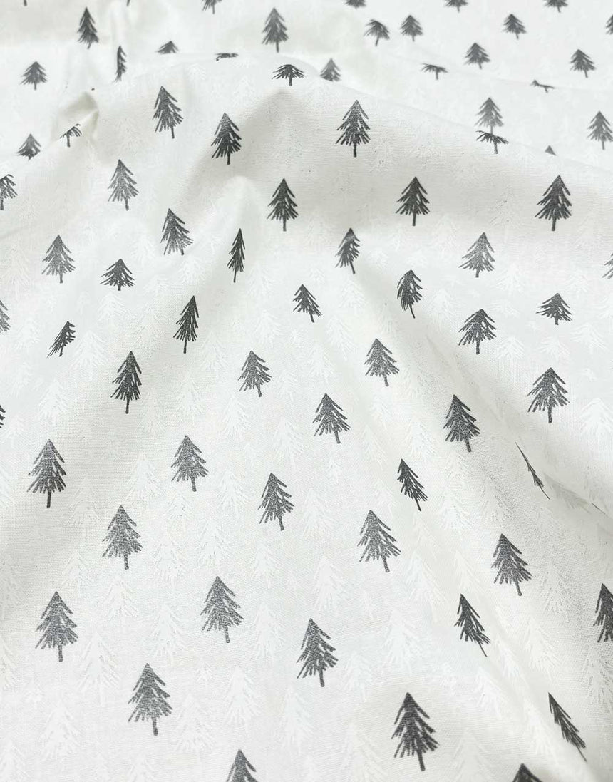 Christmas Fir Trees Metallic Silver & White Christmas Fabric