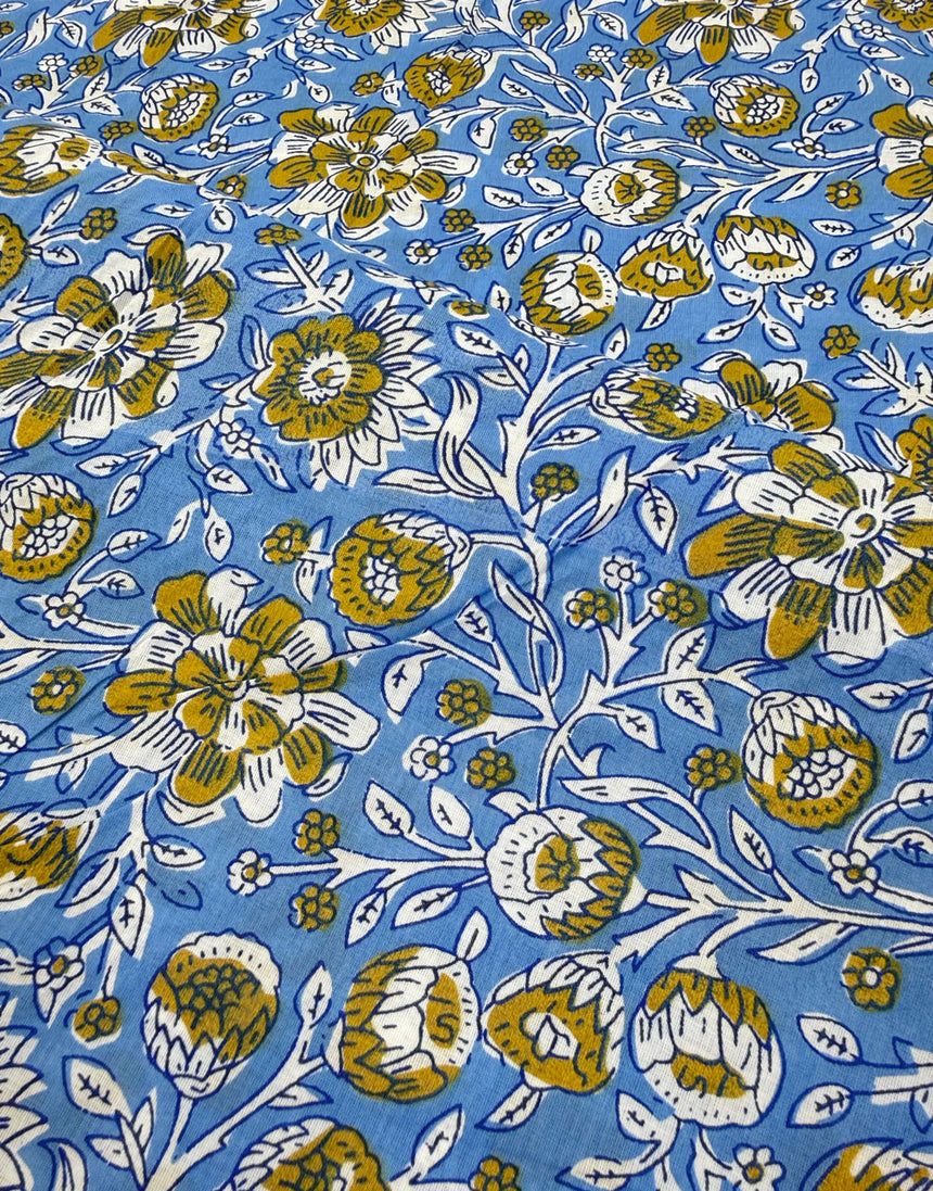 Blue & Ochre Floral, Indian Block Print Cotton Fabric