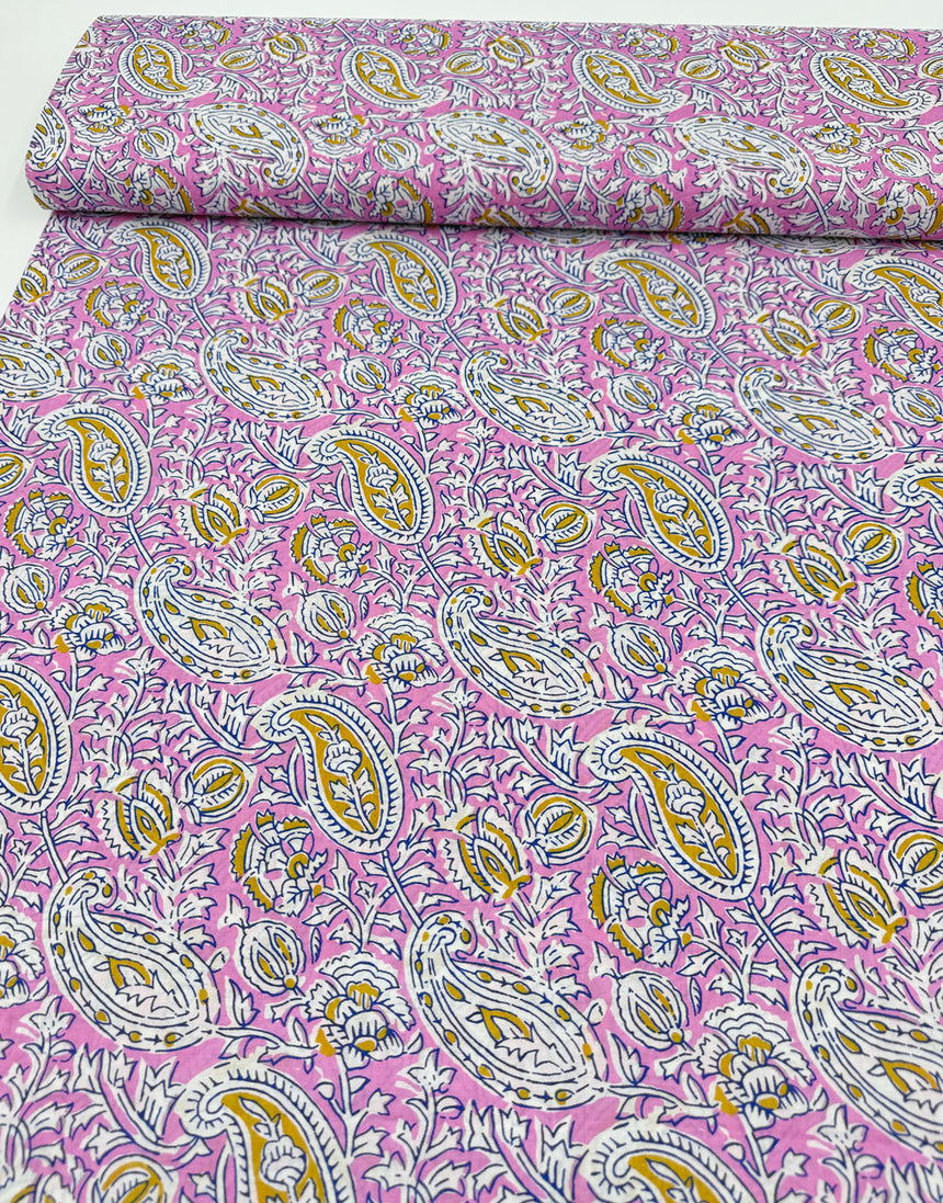Pink Bel Paisley, Indian Block Print Cotton Fabric