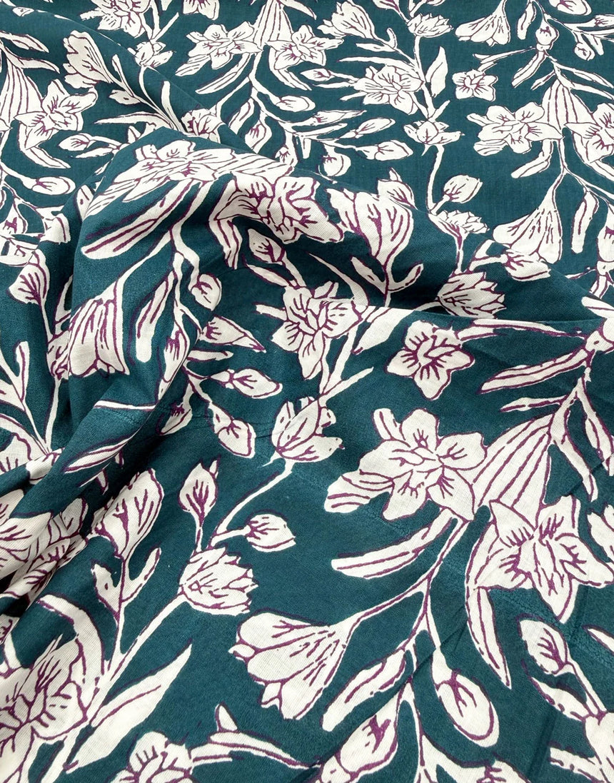 Remnant 1m - Teal Phool Floral, Indian Block Print Cotton Fabric