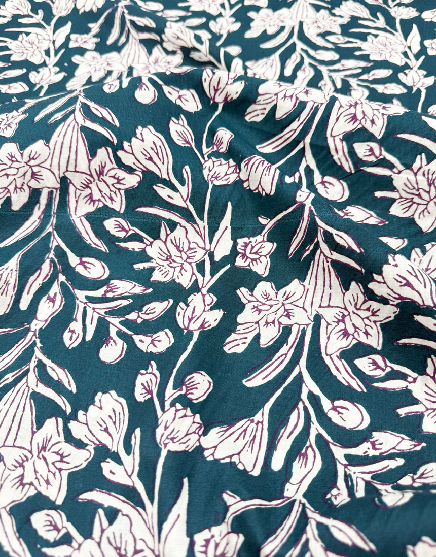 Teal Phool Floral, Indian Block Print Cotton Fabric