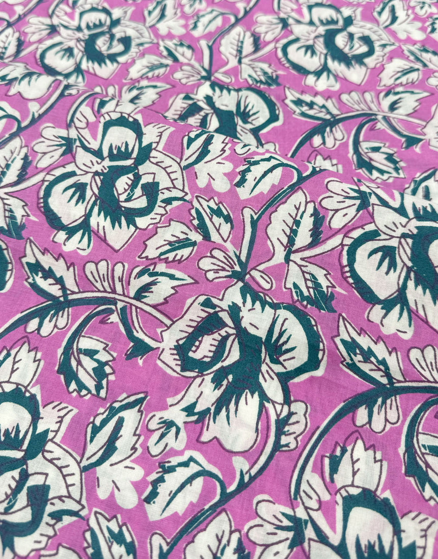 Pink Bel Floral, Indian Block Print Cotton Fabric