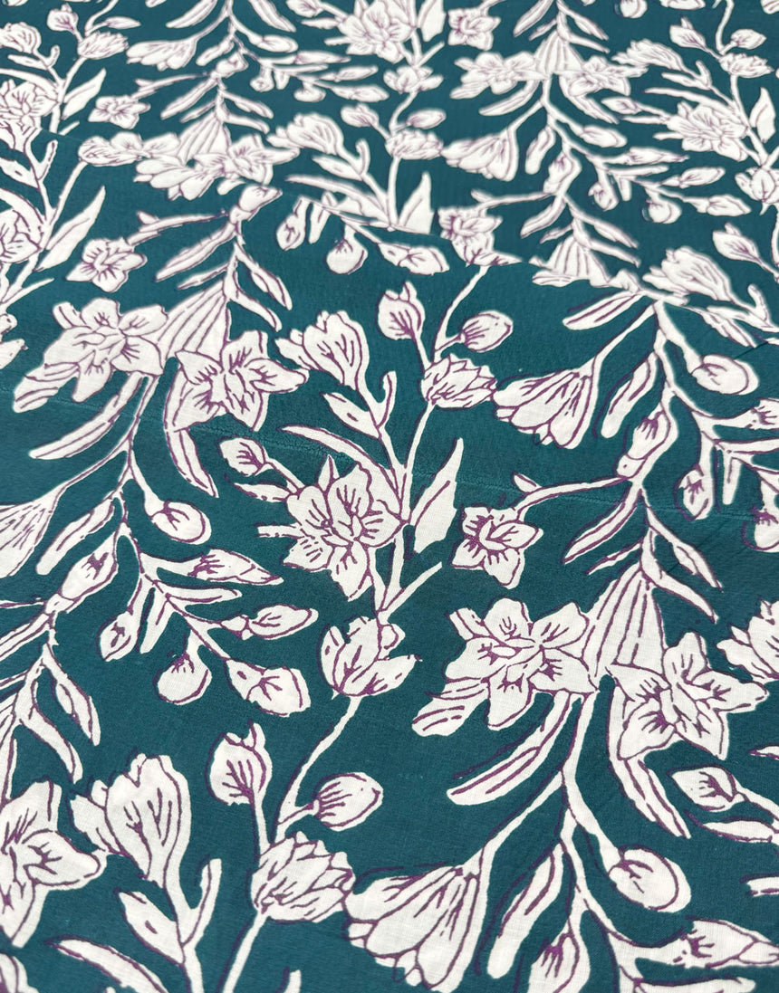 Teal Phool Floral, Indian Block Print Cotton Fabric