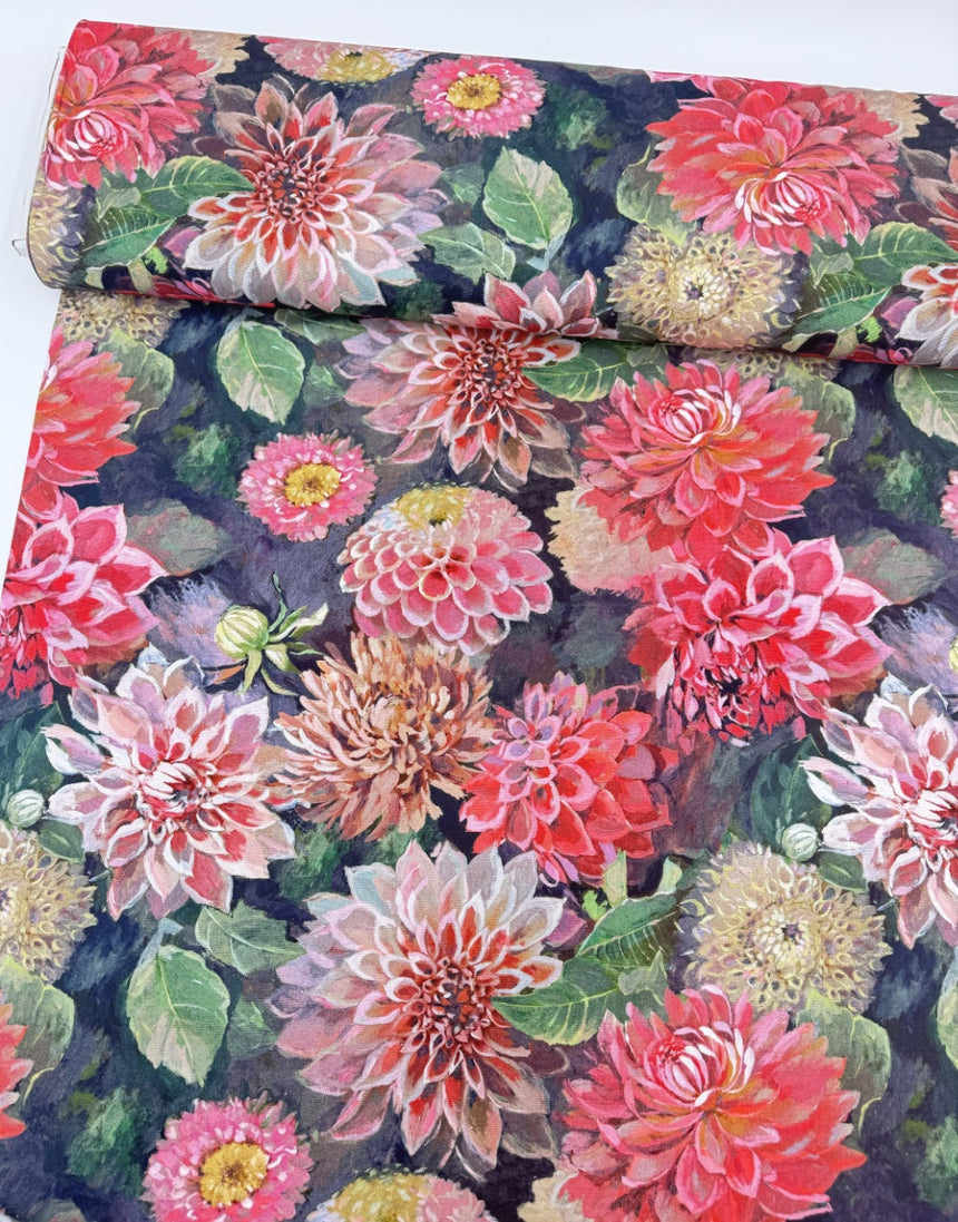 Dahlia Noir Printed Cotton Canvas Fabric