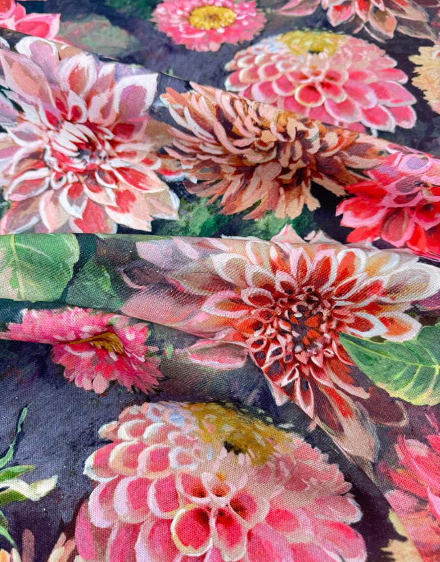 Dahlia Noir Printed Cotton Canvas Fabric