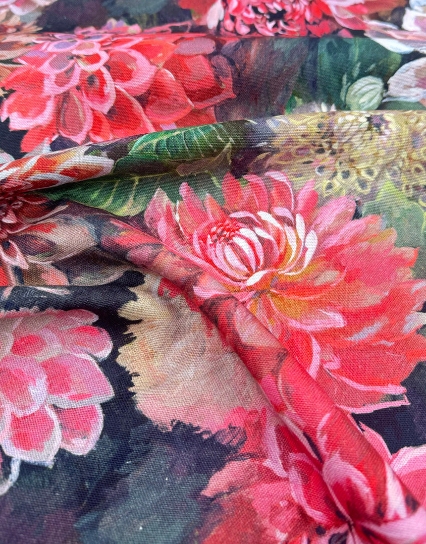 Dahlia Noir Printed Cotton Canvas Fabric