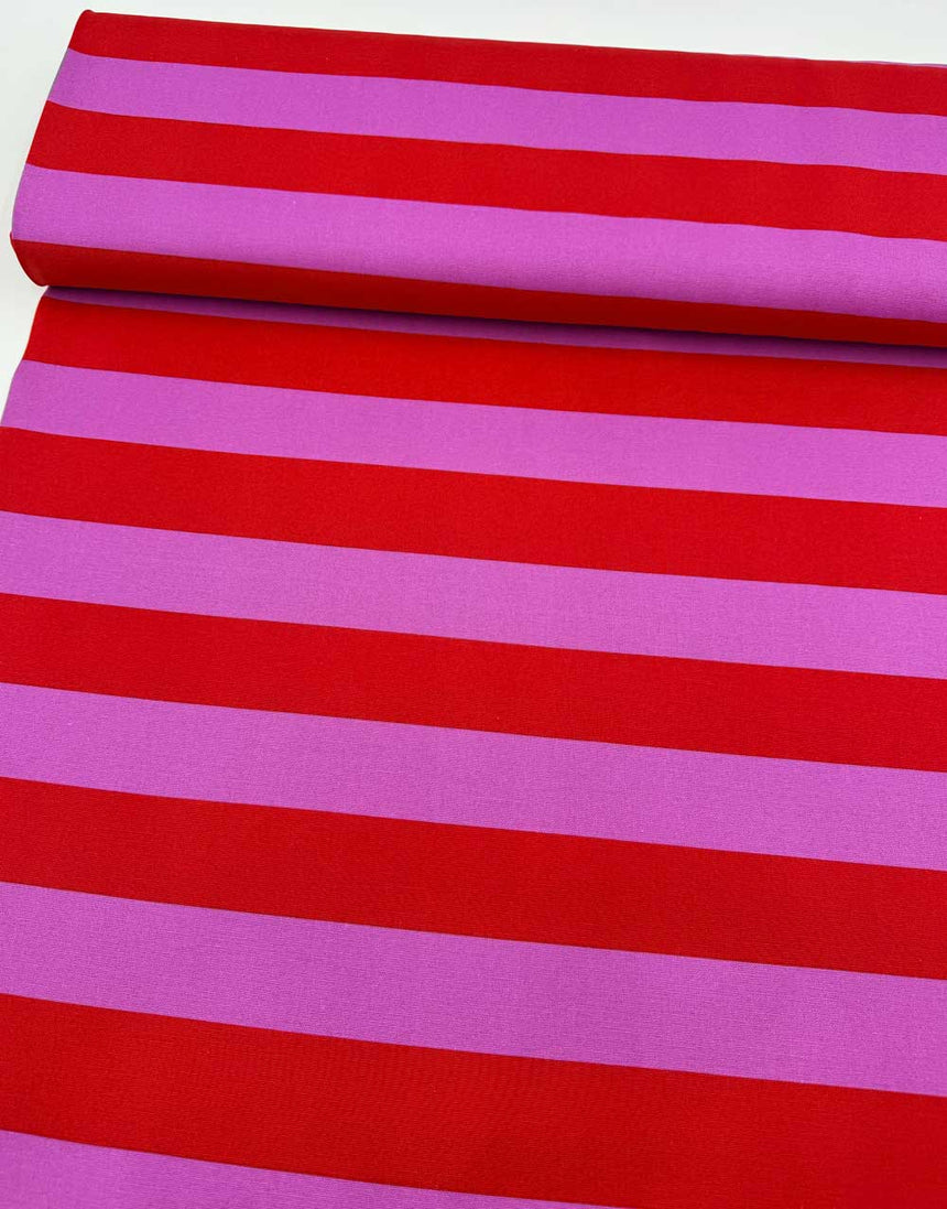 Red & Mauve Large Striped Cotton Canvas Fabric