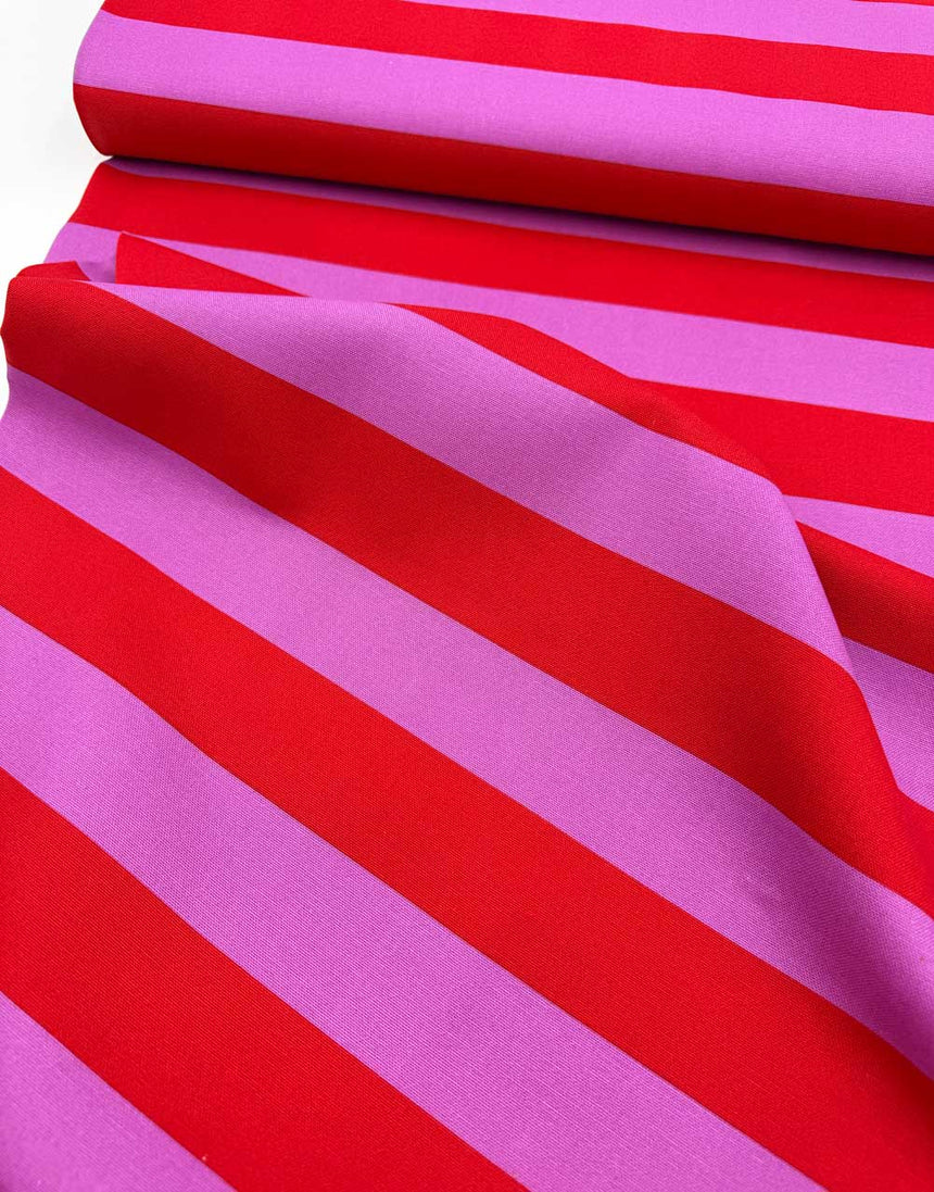Red & Mauve Large Striped Cotton Canvas Fabric
