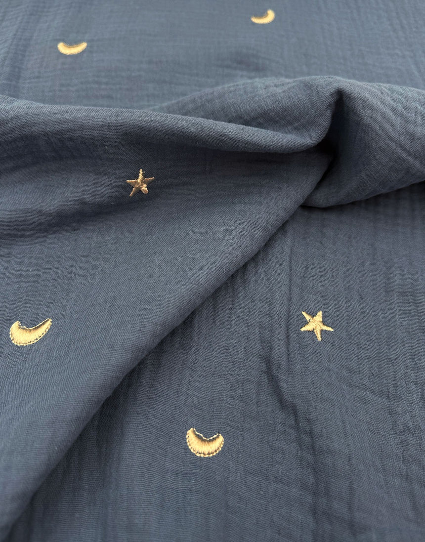 Blue Moonlight Embroidered Cotton Double Gauze Fabric