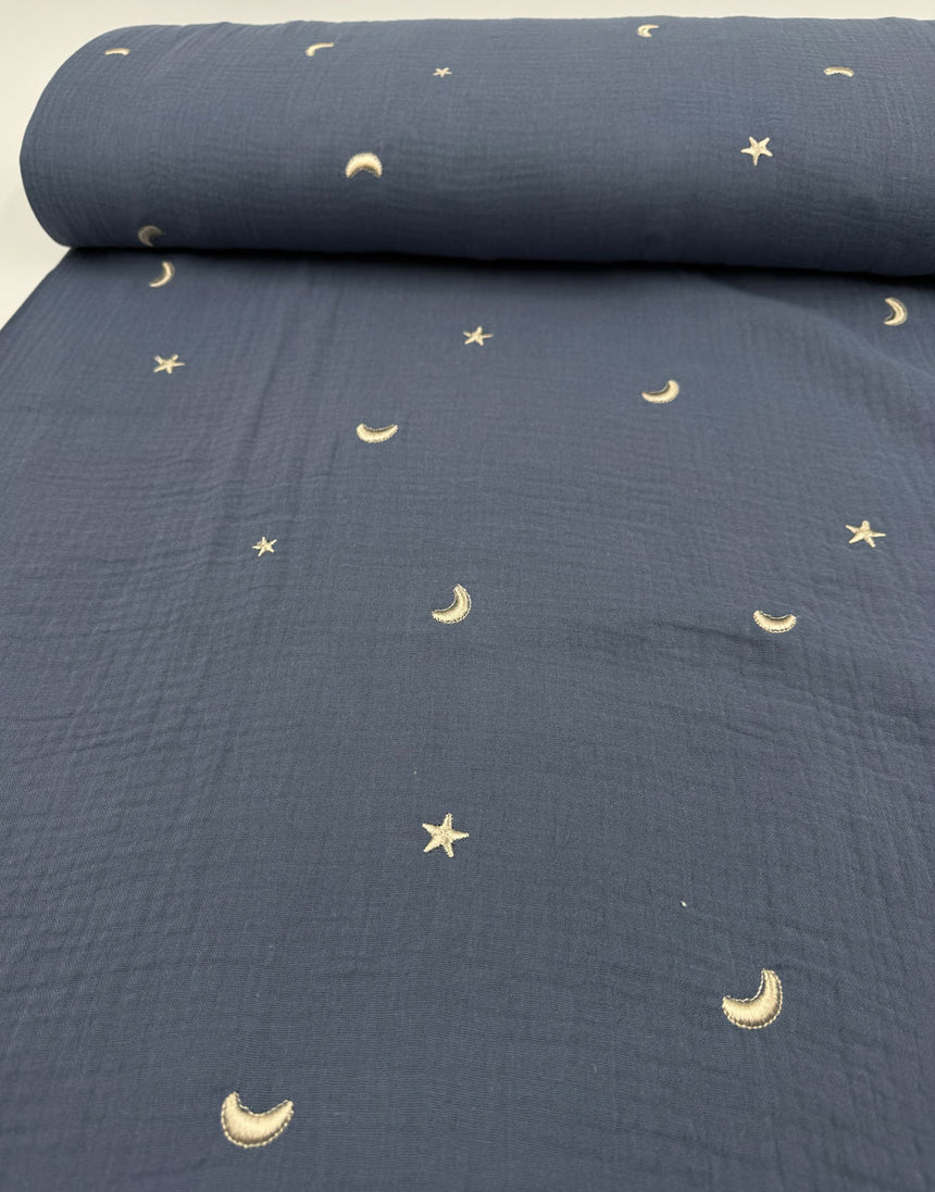 Blue Moonlight Embroidered Cotton Double Gauze Fabric