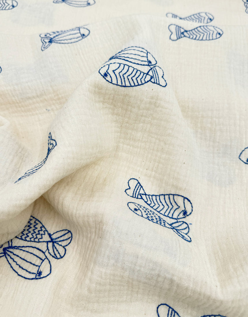 Blue Embroidered Fish Cream Double Gauze Fabric