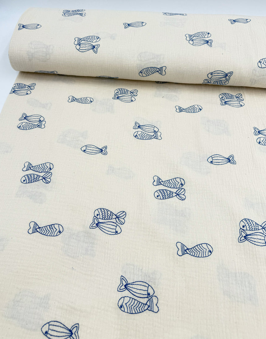 Blue Embroidered Fish Cream Double Gauze Fabric