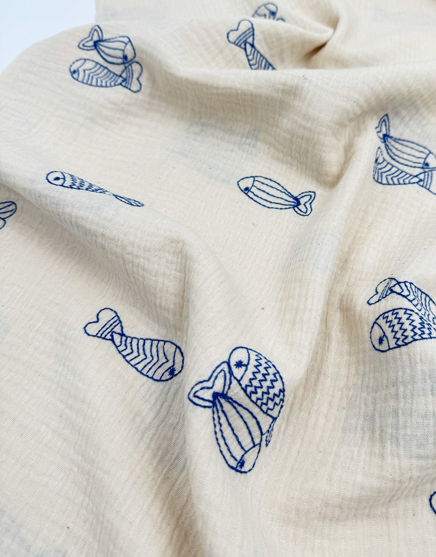 Blue Embroidered Fish Cream Double Gauze Fabric