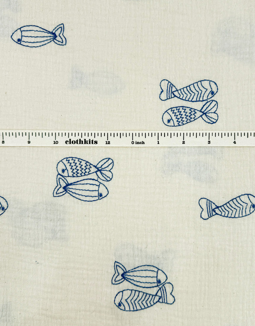 Blue Embroidered Fish Cream Double Gauze Fabric