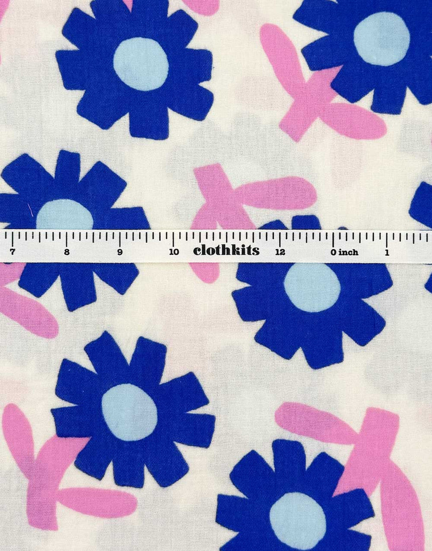 Blue Flower Pop Organic Cotton Double Gauze Fabric, Jennifer Bouron