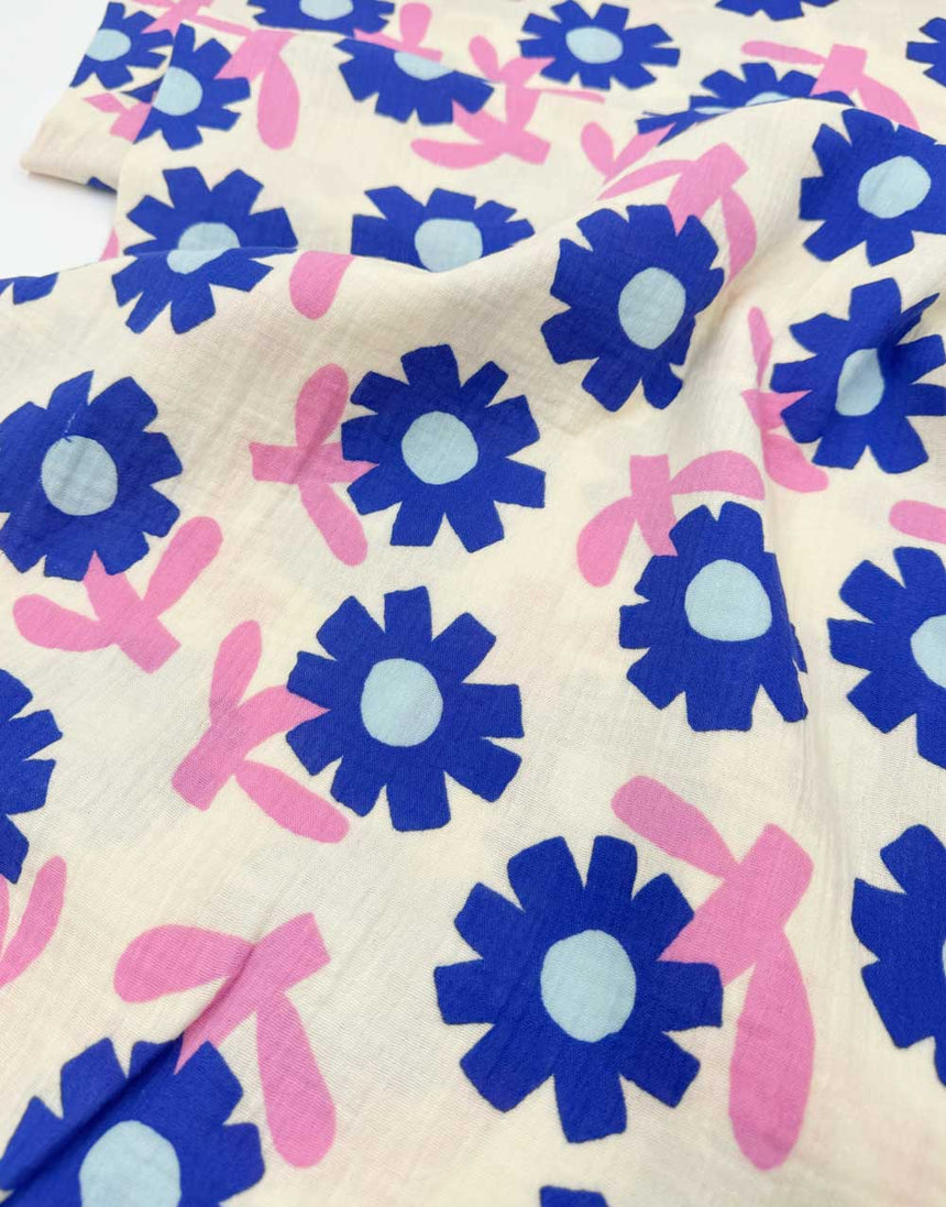Blue Flower Pop Organic Cotton Double Gauze Fabric, Jennifer Bouron