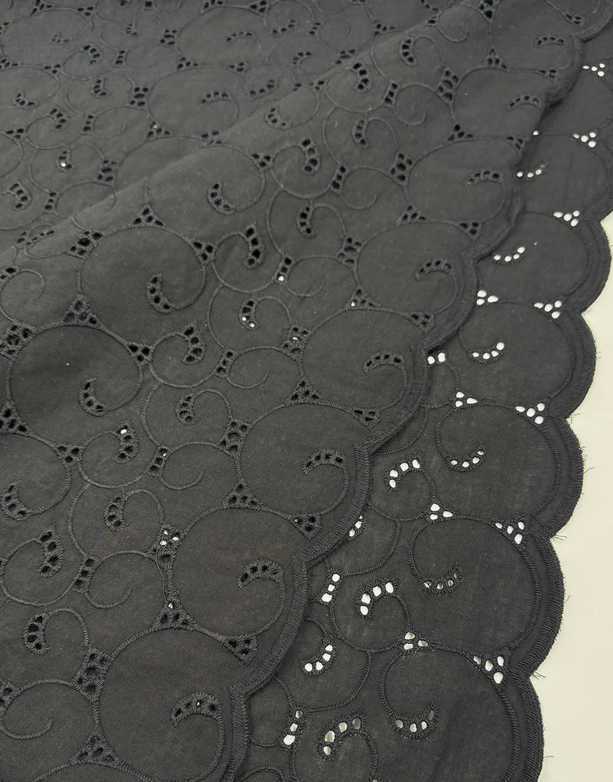 Remnant 2m - Black Swirl Embroidered Cotton Fabric