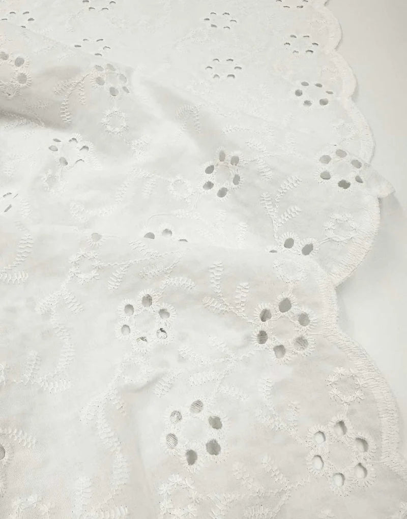 Remnant 1.25m - White Scallop Edge Embroidered Cotton Fabric