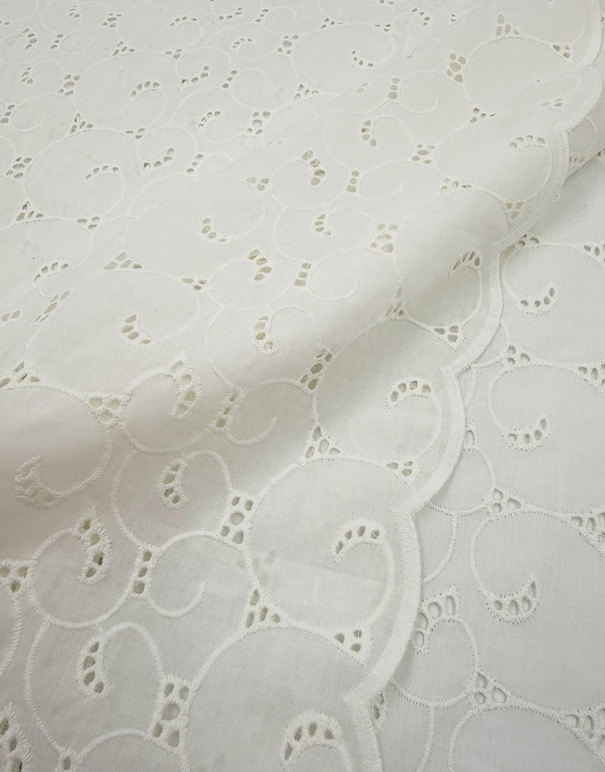 White Swirl Embroidered Cotton Fabric