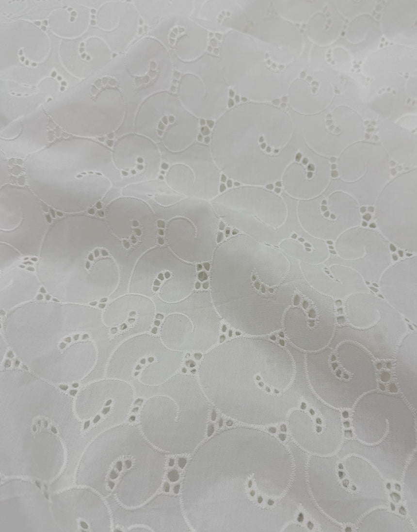 White Swirl Embroidered Cotton Fabric