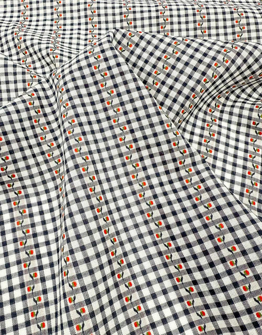 Gingham Blossom Navy Striped Jacquard Cotton Fabric