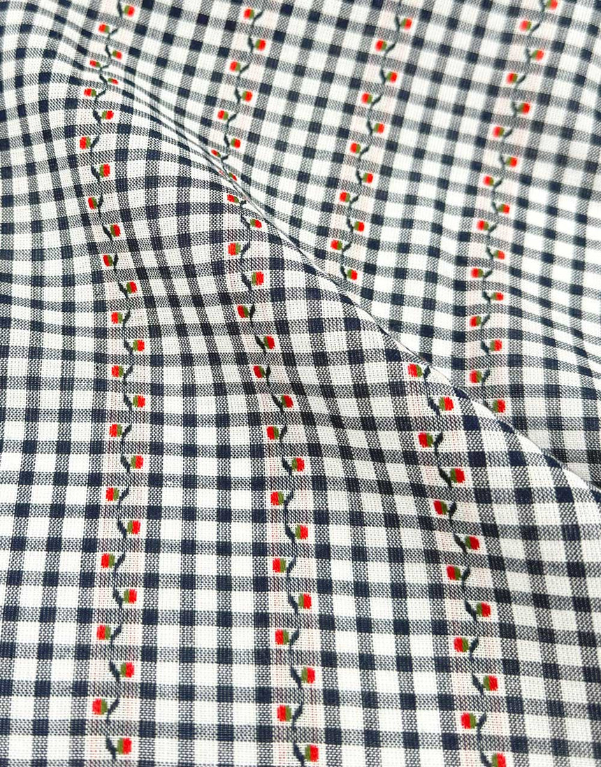 Gingham Blossom Navy Striped Jacquard Cotton Fabric