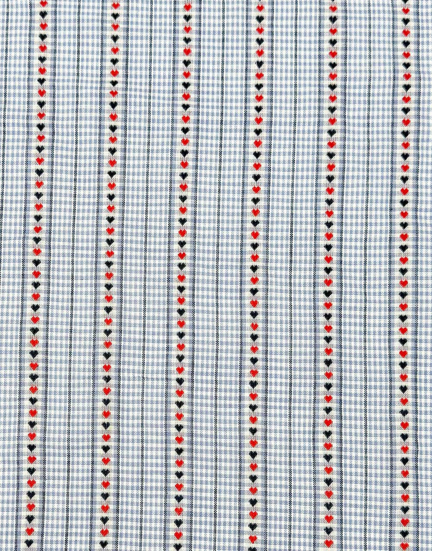 Gingham Hearts Light Blue Striped Jacquard Cotton Fabric