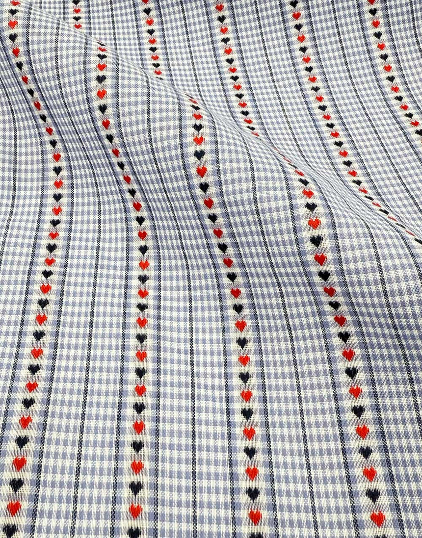 Gingham Hearts Light Blue Striped Jacquard Cotton Fabric