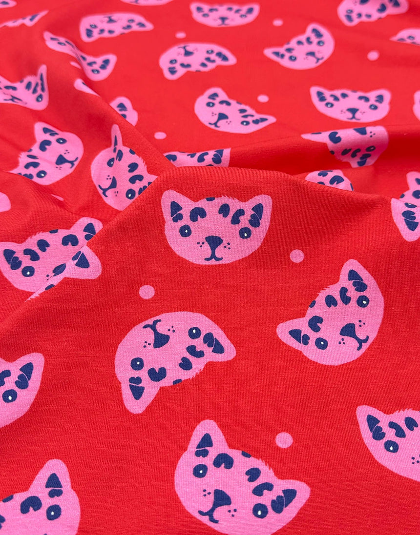 Cherry Pink Cat Faces Cotton Jersey Fabric