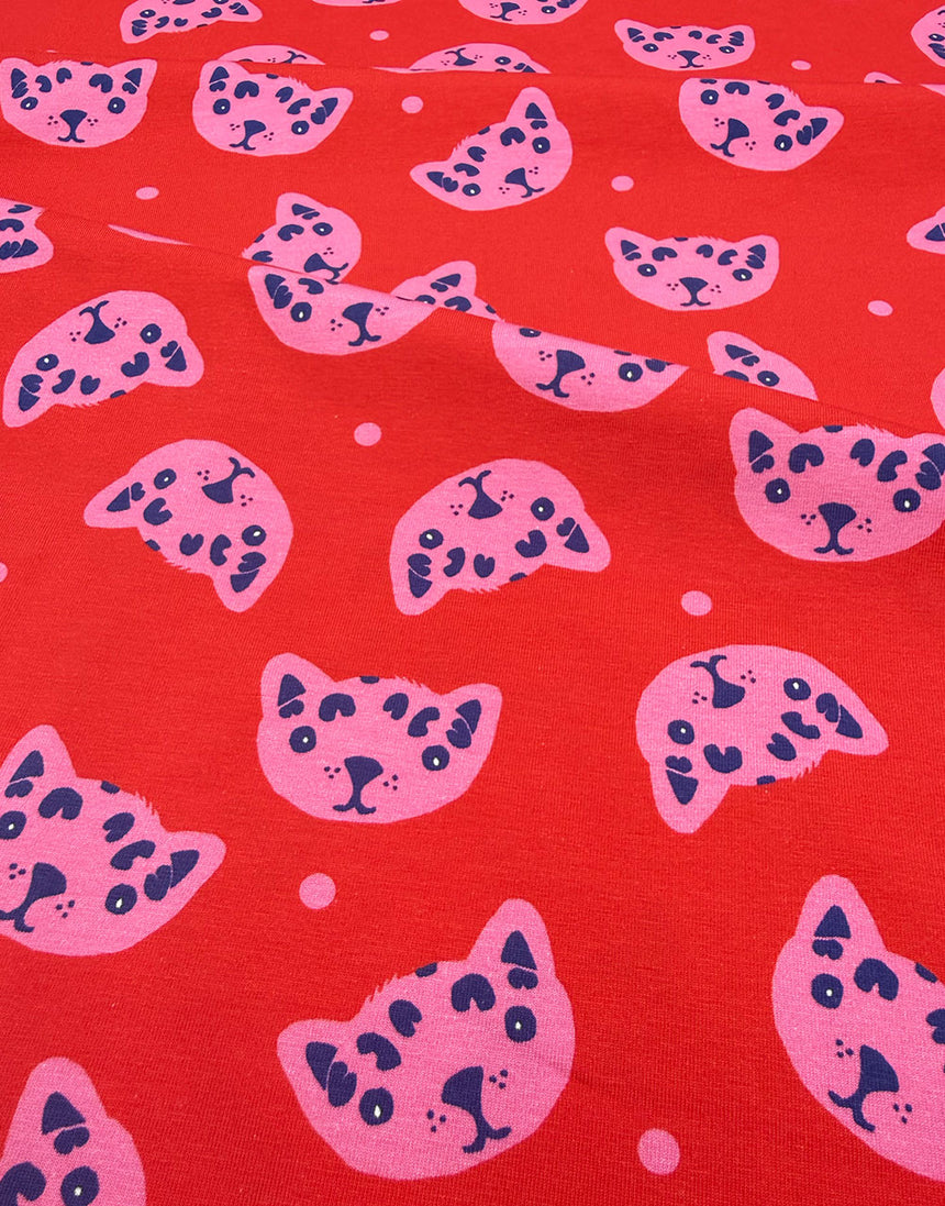 Cherry Pink Cat Faces Cotton Jersey Fabric