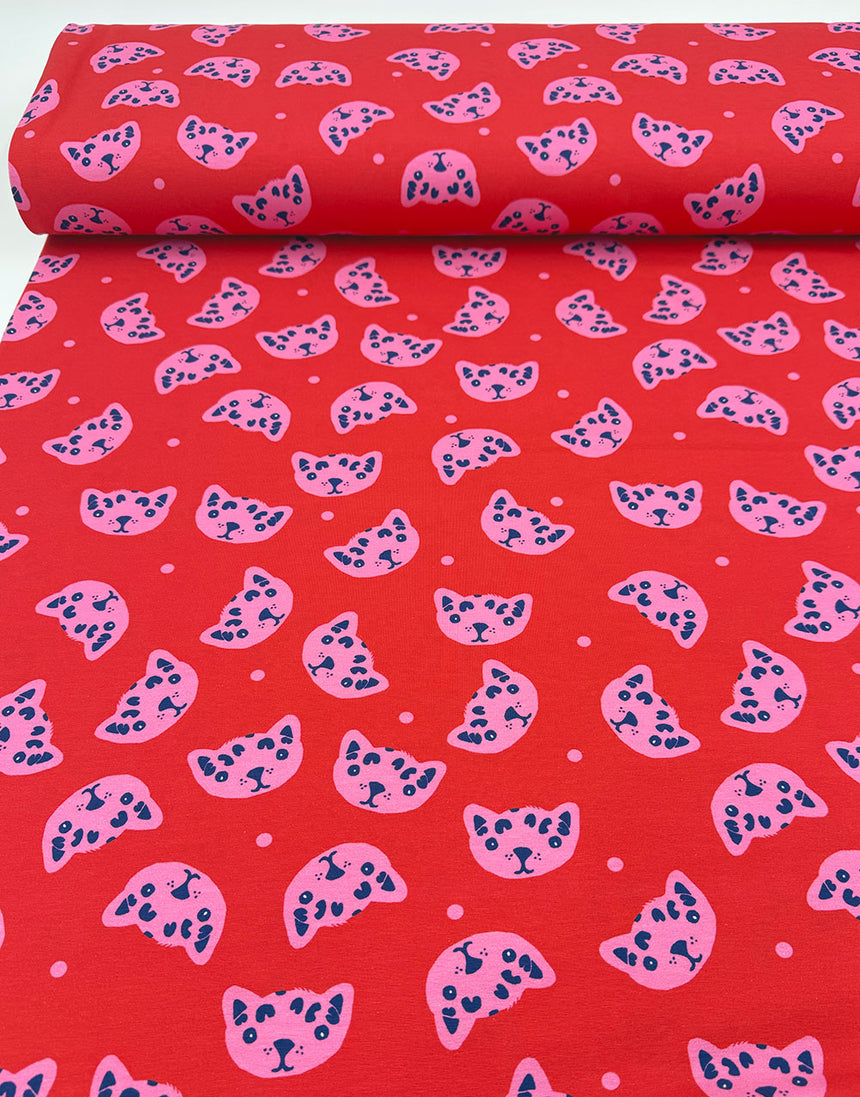 Cherry Pink Cat Faces Cotton Jersey Fabric
