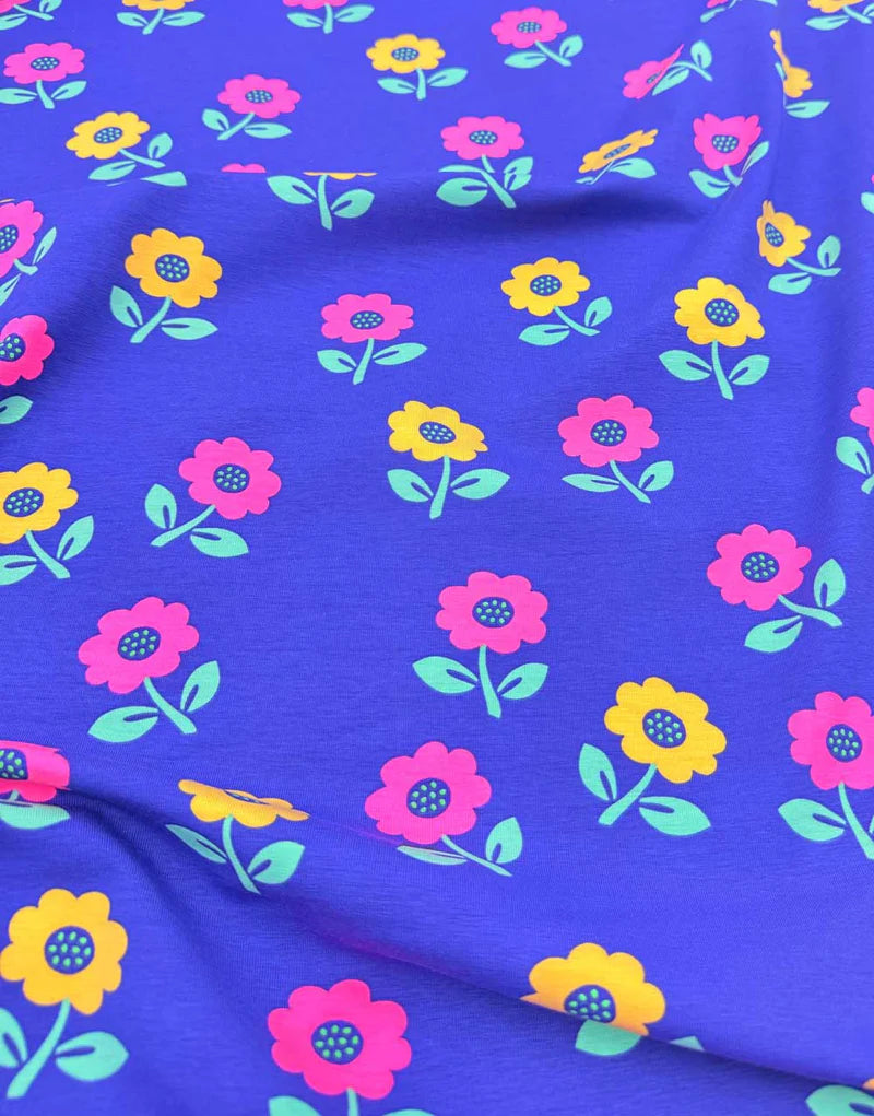 Remnant 1m - Cobalt Blue Neon Flower Cotton Jersey Fabric