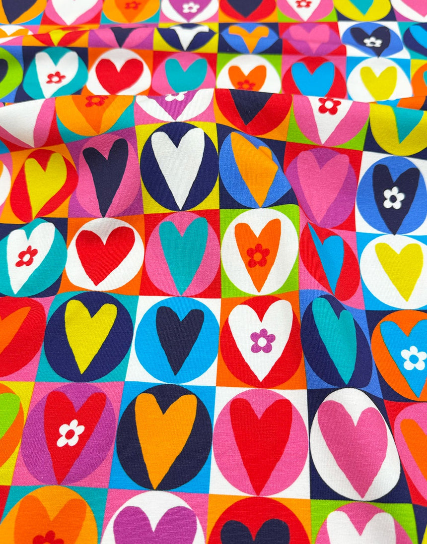 Colourful Heart Tiles Cotton Jersey Fabric