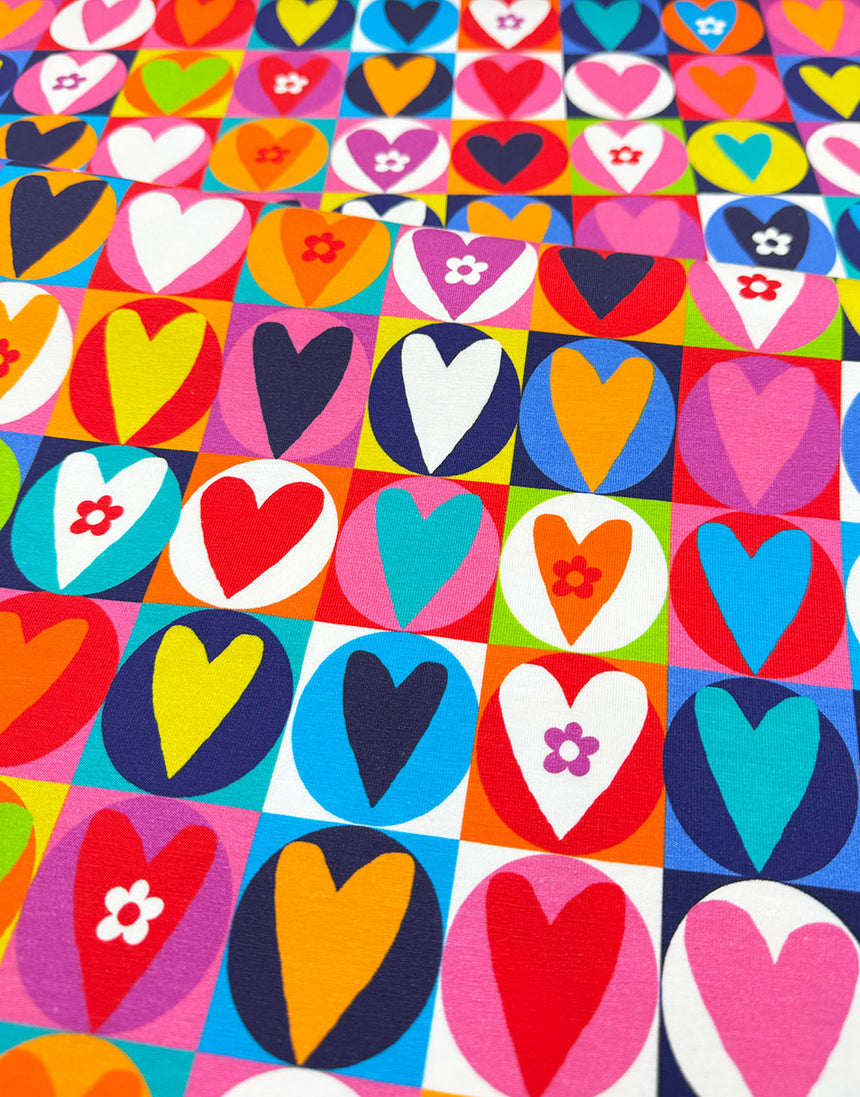 Colourful Heart Tiles Cotton Jersey Fabric