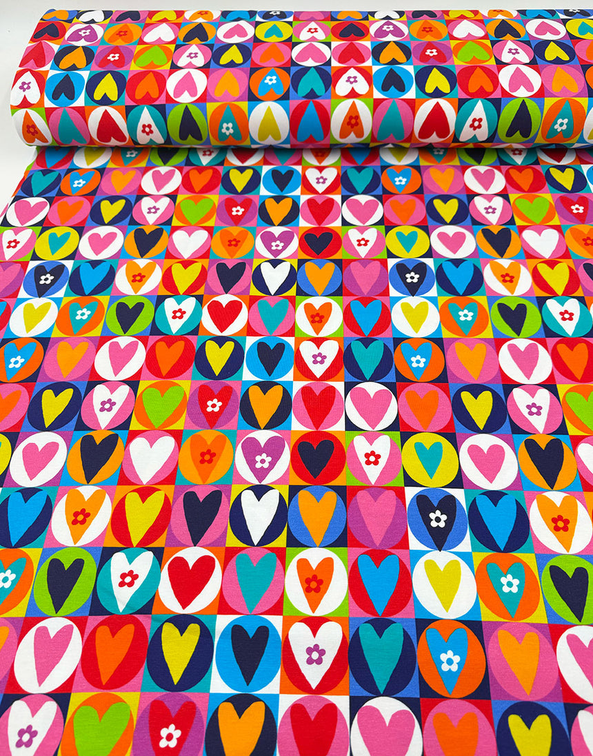 Colourful Heart Tiles Cotton Jersey Fabric
