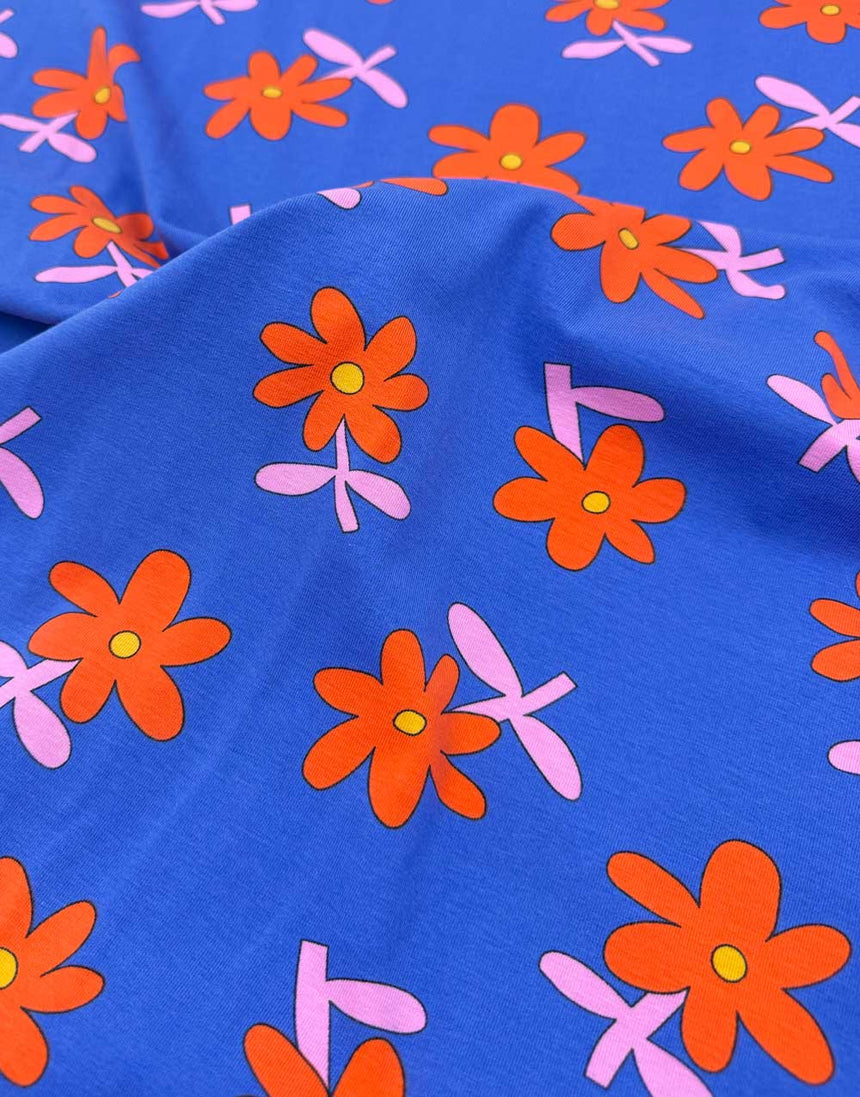 Indigo Daisy Pop Organic Cotton Jersey Fabric, Jennifer Bouron