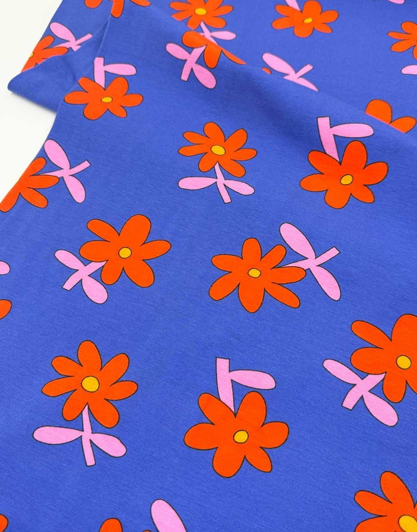 Indigo Daisy Pop Organic Cotton Jersey Fabric, Jennifer Bouron