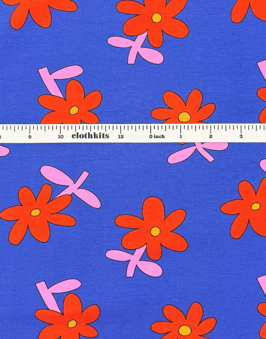 Indigo Daisy Pop Organic Cotton Jersey Fabric, Jennifer Bouron