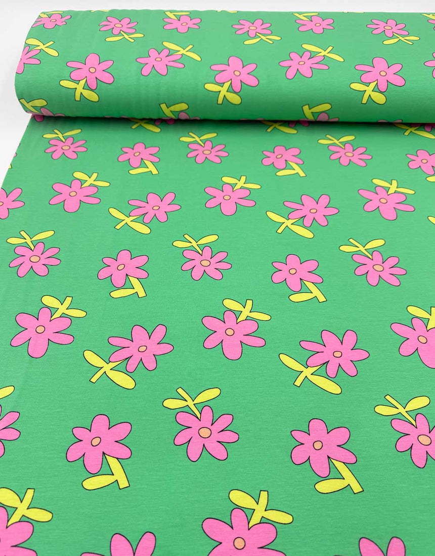 Mint Daisy Pop Organic Cotton Jersey Fabric, Jennifer Bouron