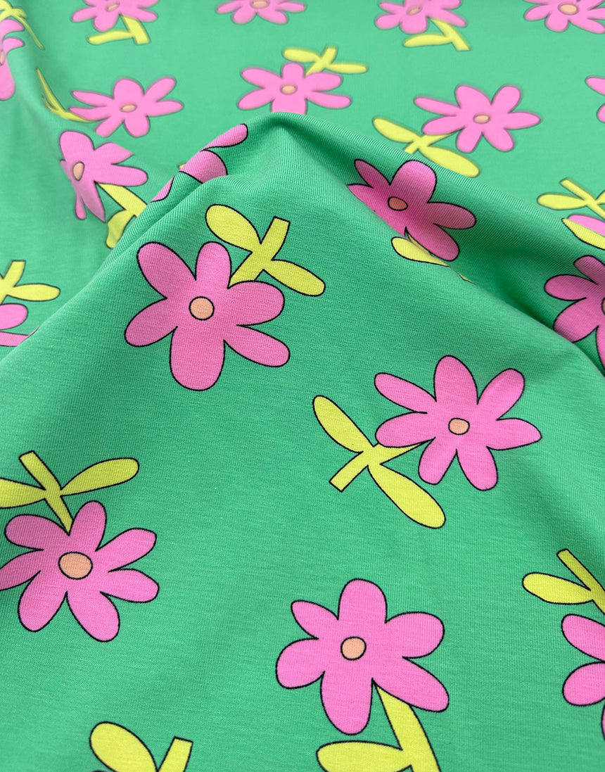 Mint Daisy Pop Organic Cotton Jersey Fabric, Jennifer Bouron