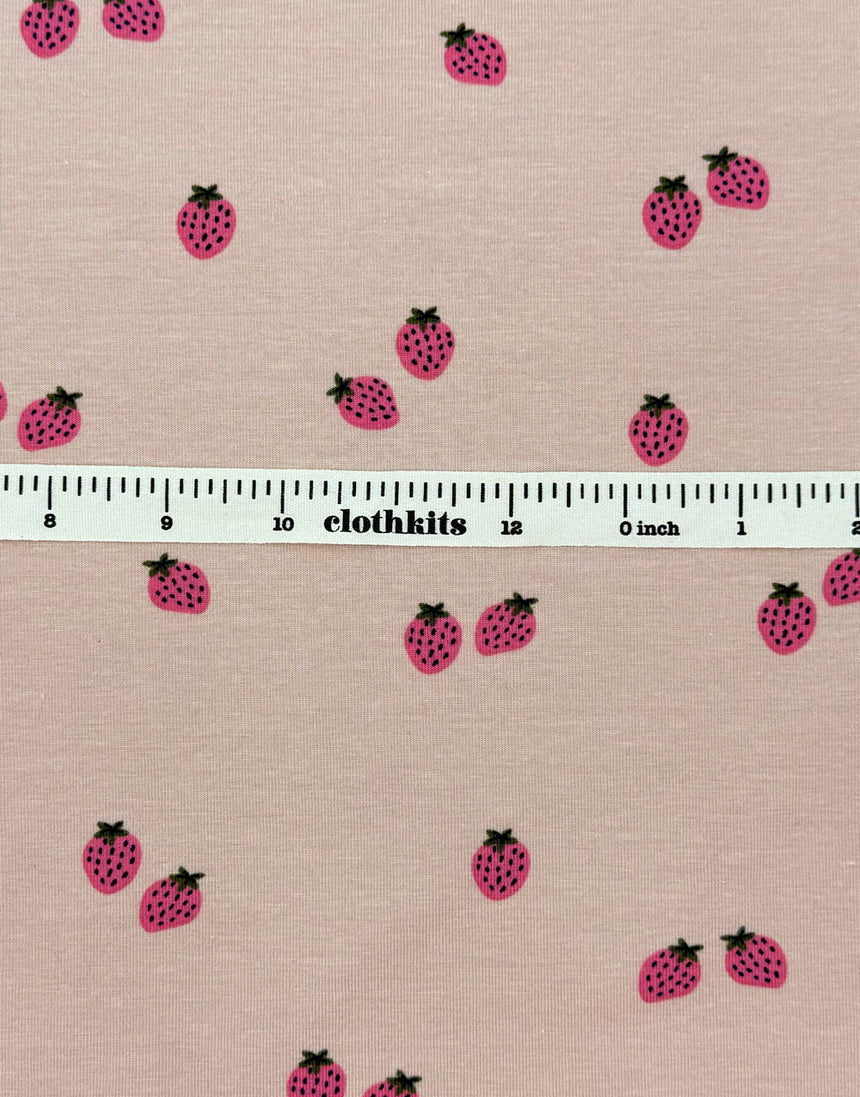 Pink Strawberry Scatter Organic Cotton Jersey Fabric