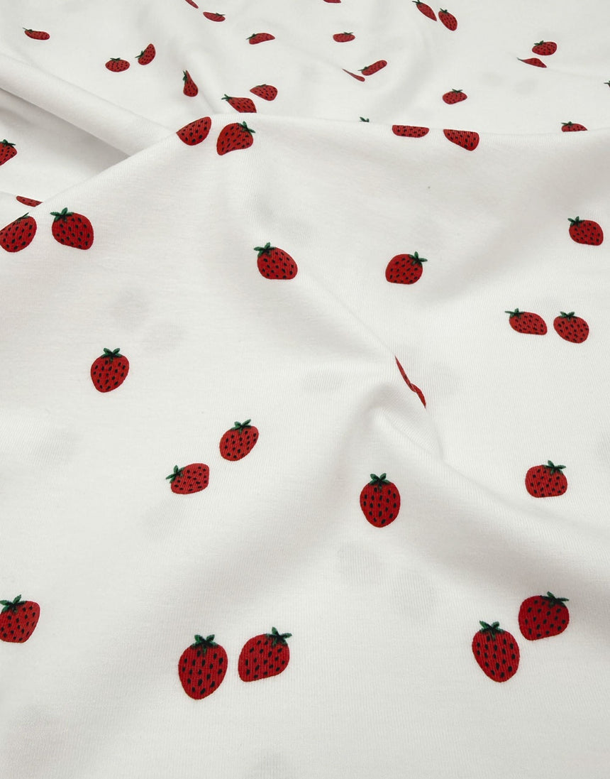 White Strawberry Scatter Organic Cotton Jersey Fabric