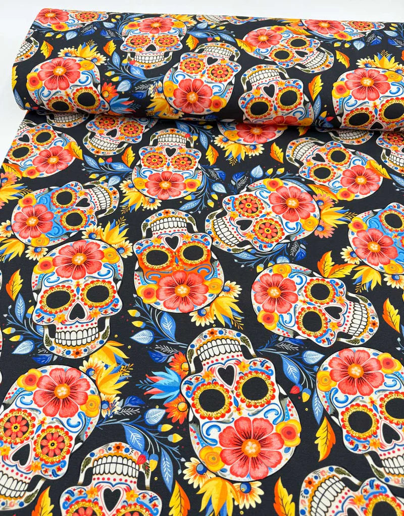 Remnant 1.7m - Midnight Fiesta Skull Cotton Jersey Fabric