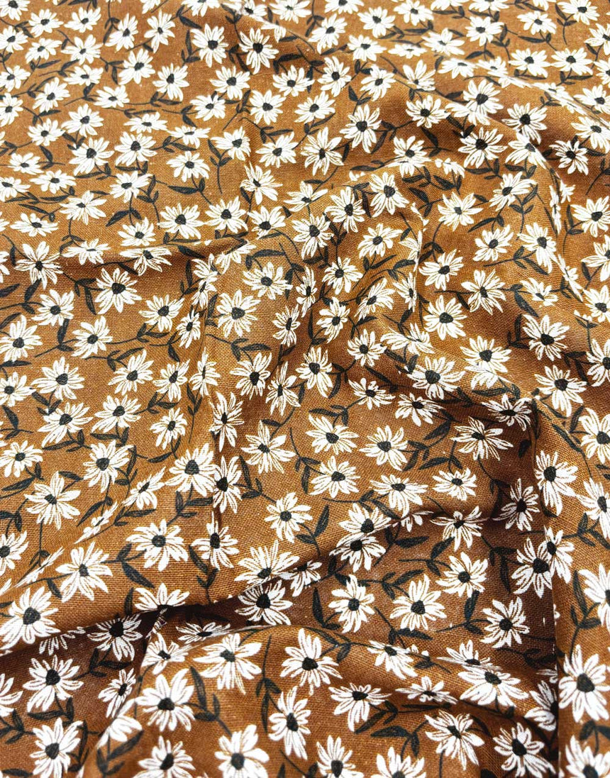 Mustard Daisy Linen Look Cotton Fabric