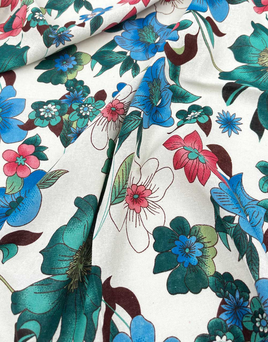 Blue Hibiscus Linen Look Cotton Fabric