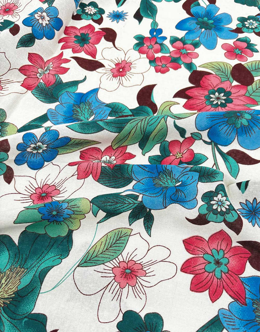 Blue Hibiscus Linen Look Cotton Fabric