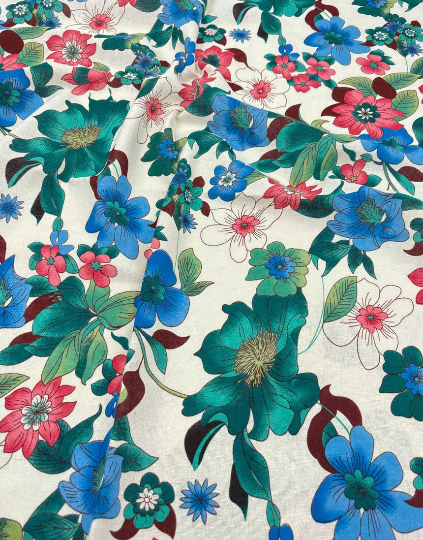 Blue Hibiscus Linen Look Cotton Fabric