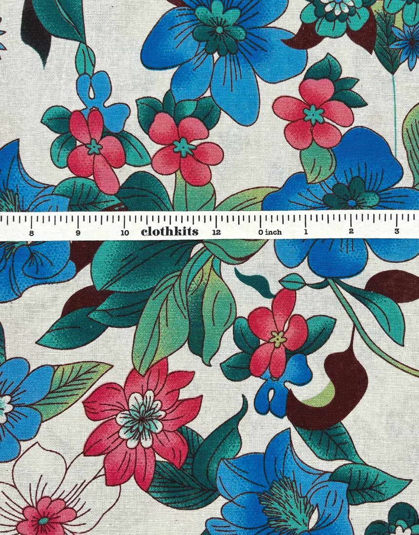 Blue Hibiscus Linen Look Cotton Fabric