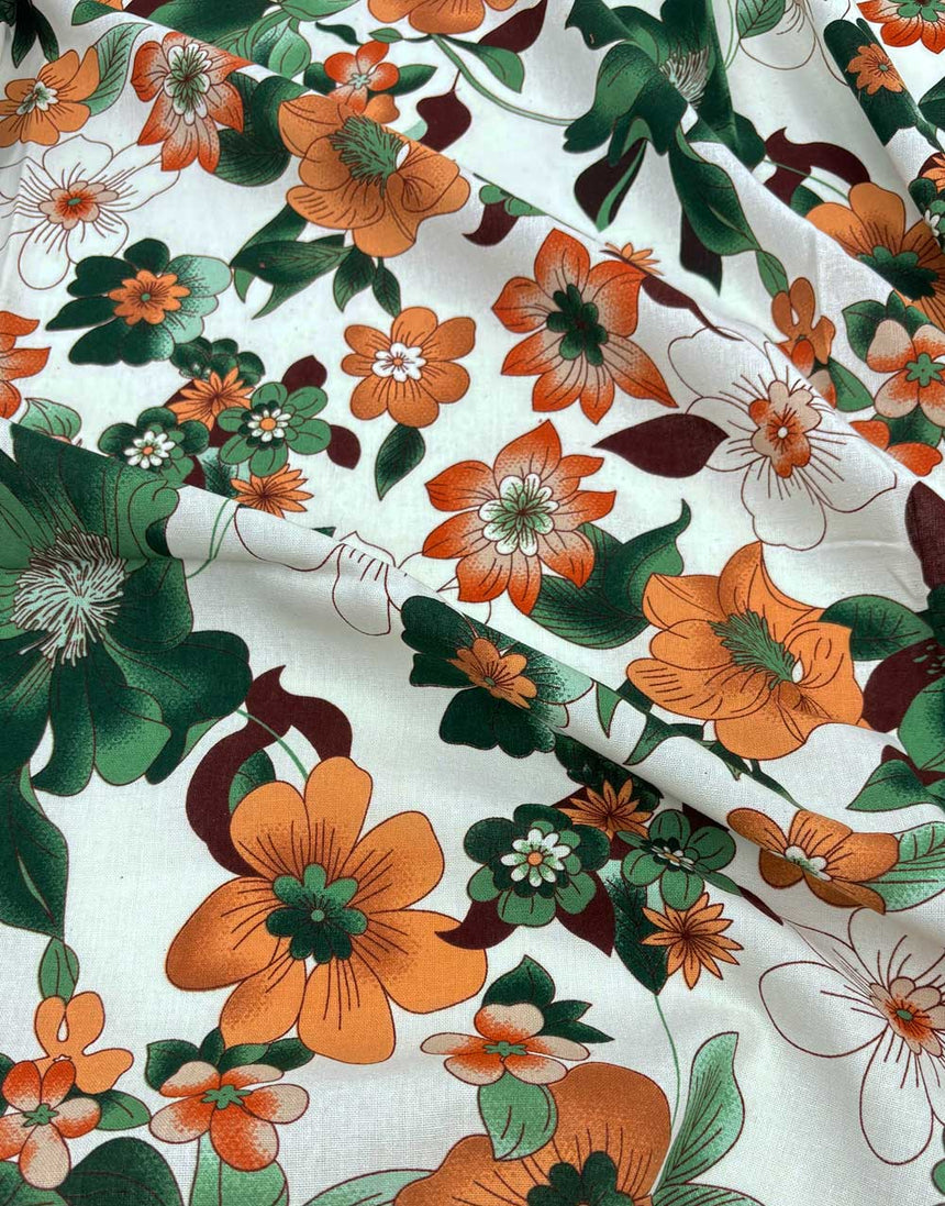 Orange Hibiscus Linen Look Cotton Fabric