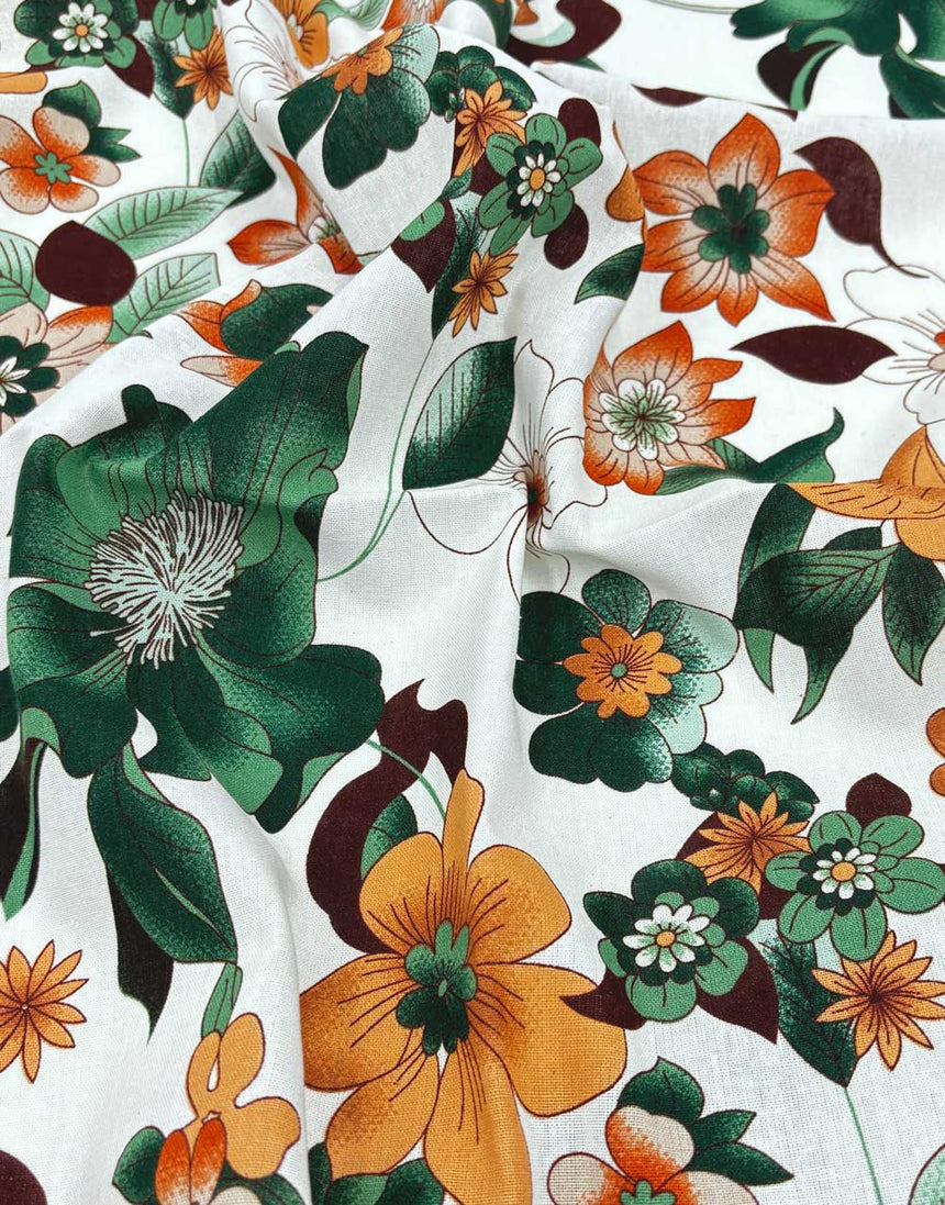 Orange Hibiscus Linen Look Cotton Fabric